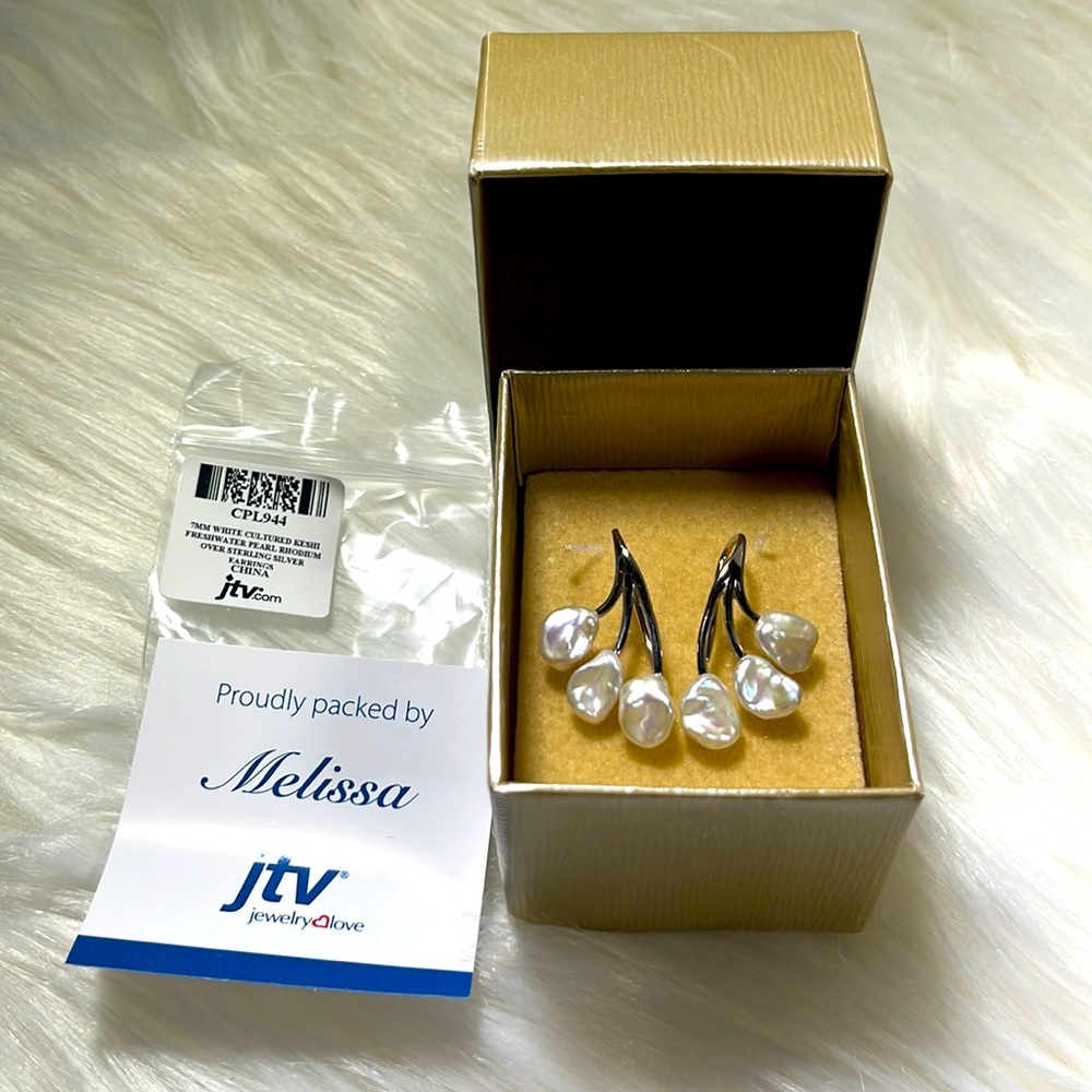 7MM White Cultured Keshi Freshwater Pearl Rhodium Over Stirling Silver Earrings